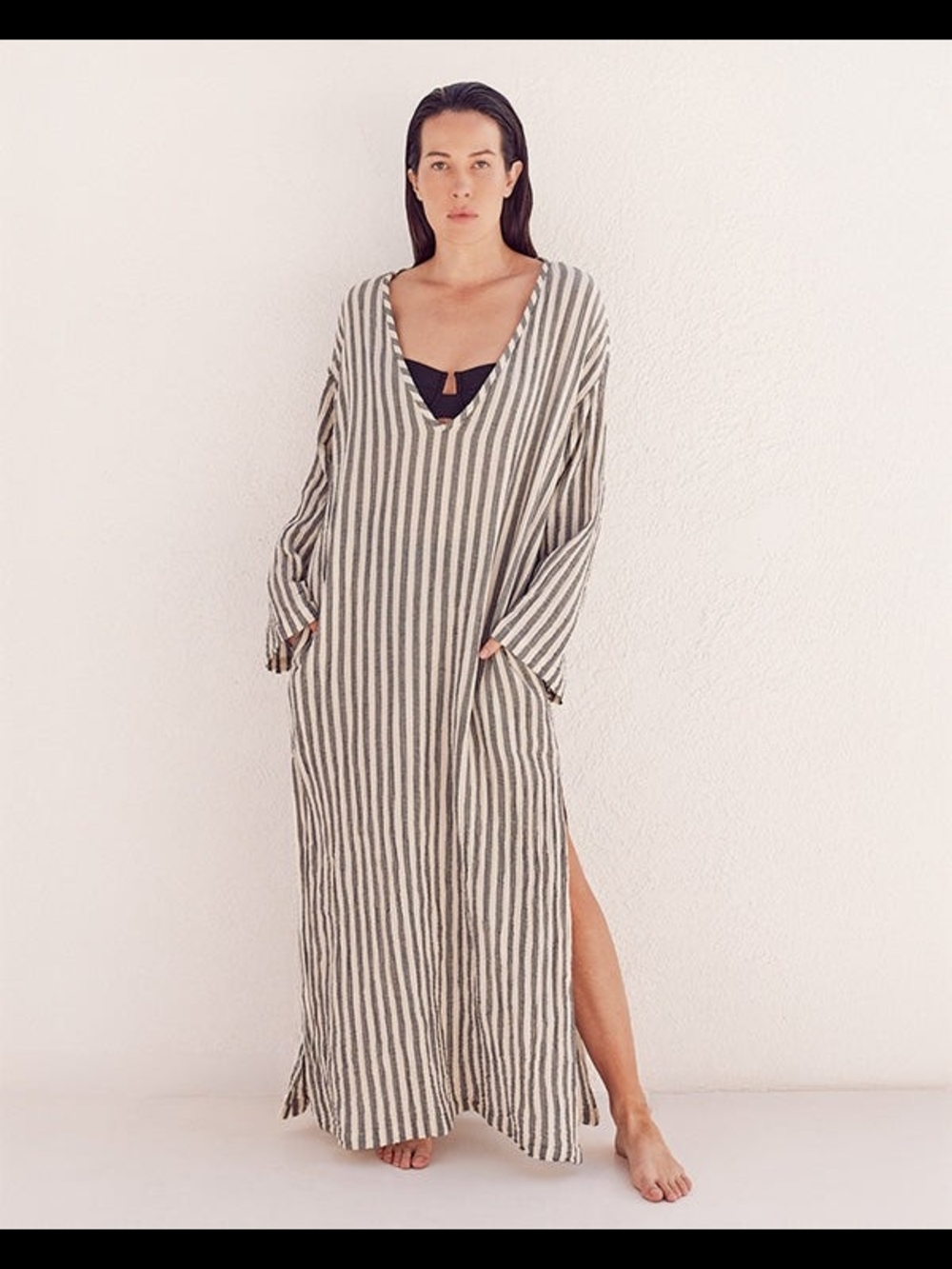 Kiltan Gauze Cover Up Striped V-Neck Maxi Caftan Dress - Neutral Stripe One Size